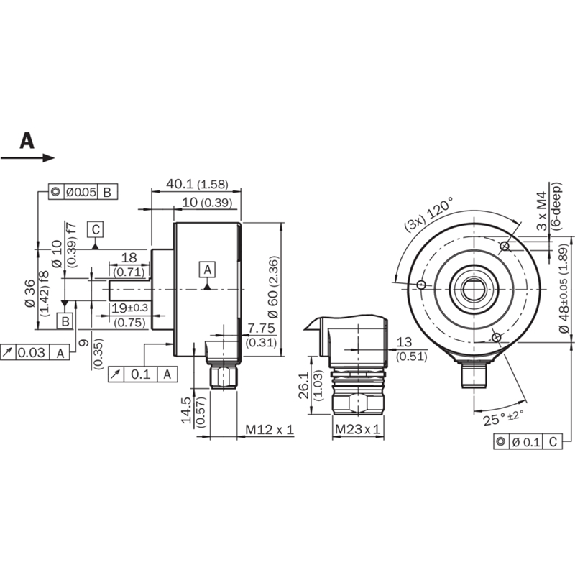 Codeur inc. Ø60mm Axe plein 10mm 5-32V 65536i/t PROG TTL/HTL M23 12P-Lire la description