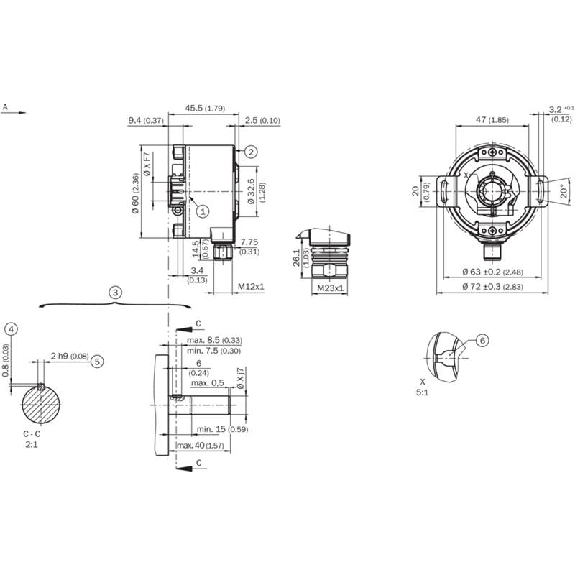 Codeur abs. de séc. multitours Axe creux 15mm SSI + Sin/Cos M23 12P-Lire la description