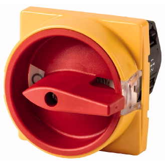 Interrupteurs-sectionneurs pour circuits auxiliaires, TM, 10 A, Montage encastré, Contacts: 2, Fonctions d'ARRÊT D'URGENCE, Avec poignée rotative rouge et couronne de blocage jaune, verrouillable en position 0-Lire la description