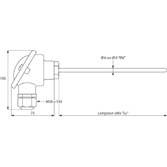Sonde Pt100x2 lisse Ø6x0,4mm x 200mm tête type B -50..250°C Sonde Pt100x2 lisse Ø6x0,4mm x 200mm tête type B -50..250°C-Lire la description