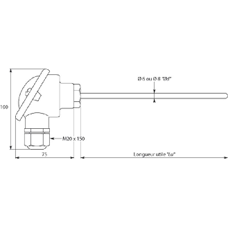 Sonde Pt100x2 lisse Ø6x0,4mm x 200mm tête type B -50..250°C-Lire la description