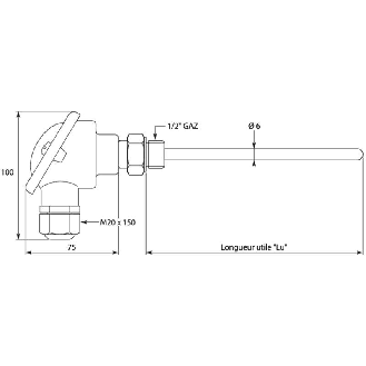 Sonde Pt100x1 à visser Ø6x0,4mm x 50mm G1/2 tête type B -50/+450°C-Lire la description