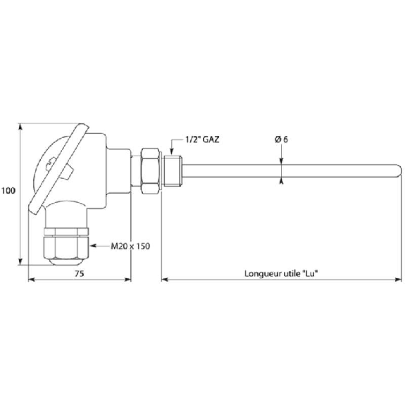 Sonde Pt100x1 à visser Ø6x0,4mm x 50mm G1/2 tête type B -50/+450°C-Lire la description