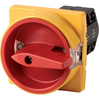 Interrupteurs-sectionneurs pour circuits auxiliaires, TM, 10 A, Montage encastré, Contacts: 3, Fonctions d'ARRÊT D'URGENCE, Avec poignée rotative rouge et couronne de blocage jaune, verrouillable en position 0-Lire la description