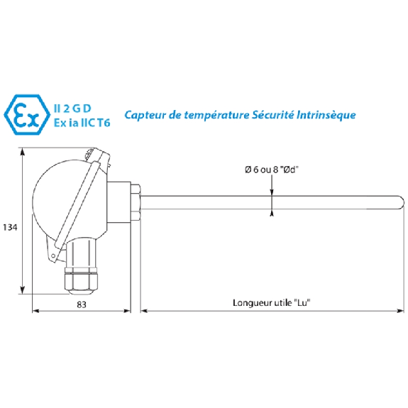 Sonde Atex Tête Pt100x1 Classe A Ø6x0.4mm x 150mm, -50/+450°C-Lire la description