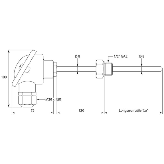 Sonde TC-Kx1 à visser lg500mm Ø8mm avec tube intermédiaire lg120mm Sonde TC-Kx1 à visser lg500mm Ø8mm avec tube intermédiaire lg120mm-Lire la description