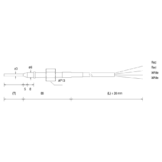 Sonde Pt100, Ø3x20mm, inox, 1/6 B EN 60751, -50/205°C, câble 300cm-Lire la description