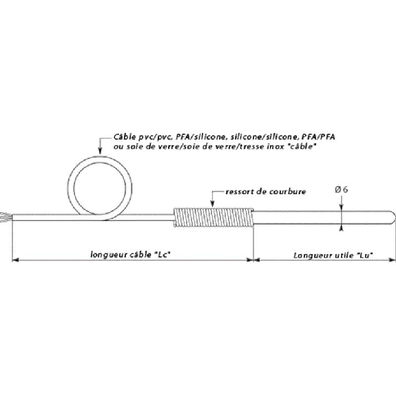 Sonde Pt100x2 Ø6mm lg200mm câble 1m SV/SV/Tresse inox et ressort-Lire la description