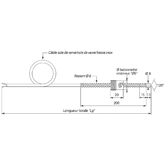 Sonde TC-J à baïonnette, isolée, classe 1, Ø intérieur 15mm, lg5m-Lire la description