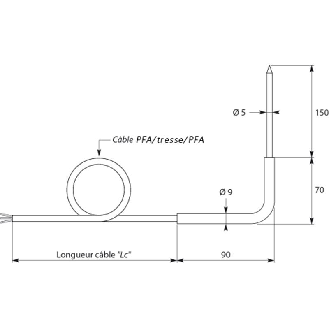 Sonde Pt100x2 à piquer classe A 3 fils Ø5x200mm inox 316L, c5m tresse-Lire la description