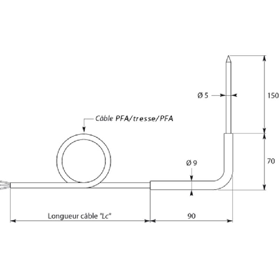 Sonde Pt100x2 à piquer classe A 3 fils Ø5x200mm inox 316L, c5m tresse-Lire la description