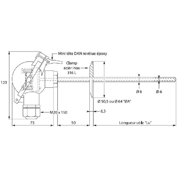 Sonde Pt100x2 alimentaire Ø6x0,4mm clamp 25mm tête mini DAN lg300mm Sonde Pt100x2 alimentaire Ø6x0,4mm clamp 25mm tête mini DAN lg300mm-Lire la description