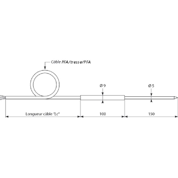 Sonde Pt100x1 à piquer classe A 3 fils Ø5x150mm inox 316L, c3m tresse-Lire la description