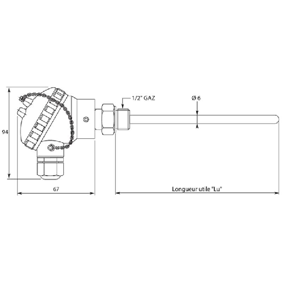 Sonde Pt100x1 Classe A 3 fils Ø6x0,4 200mm G1/2 4-20mA 0 à +50°C-Lire la description