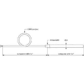 Sonde Pt100 2 fils Ø4mm lg50mm inox 316 L -50..90°C, câble 3m PVC/PVC-Lire la description