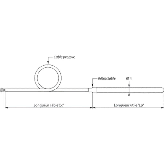 Sonde Pt100 2 fils Ø4mm lg50mm inox 316 L -50..90°C, câble 3m PVC/PVC-Lire la description