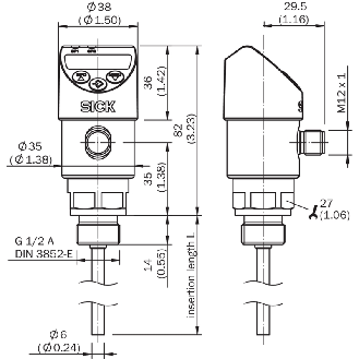 Sonde Pt1000 2 fils Classe A Ø6mm Lg350mm G ½ A -20...80°C PNP+4-20mA-Lire la description