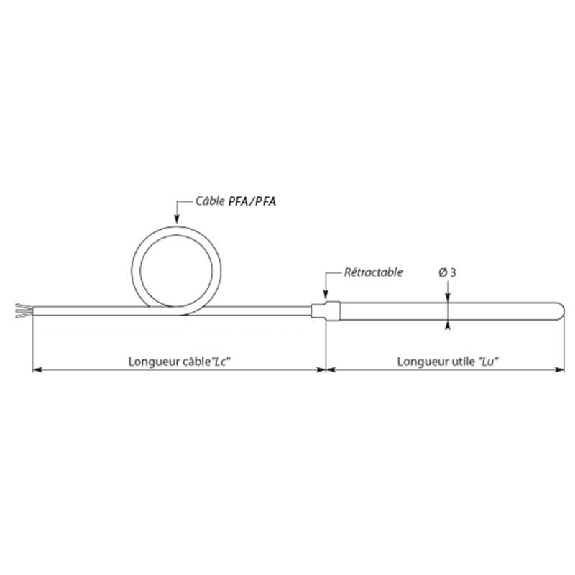 Sonde Pt100x1 4fils, Ø3x0,3mm 50mm inox 316 L, câble 1m PFA/PFA-Lire la description