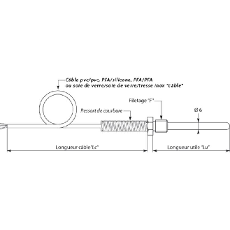 Sonde Pt100x1 3 fils Ø6x0,4mm 1/2 GC lg100mm, câble 3m PFA/silicone"-Lire la description