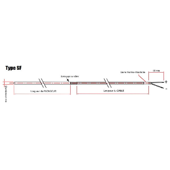 Sonde TC-J Ø6mm, plongeur inox, 500mm, câble 2m téflon blindé-Lire la description