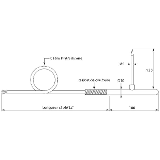 Sonde Pt100x2 à piquer en T Ø5mm lg150mm, câble 5m silicone-Lire la description
