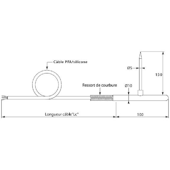 Sonde Pt100x2 à piquer en T Ø5mm lg150mm, câble 5m silicone-Lire la description