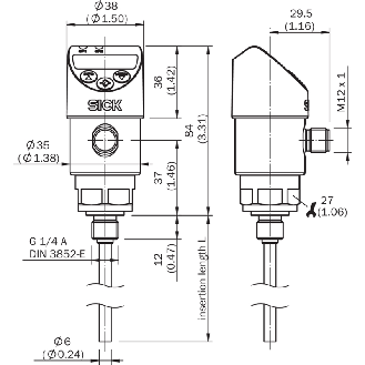 Sonde Pt1000 2 fils Classe A Ø6mm Lg050mm G ¼ A -20...80°C PNP+4-20mA-Lire la description