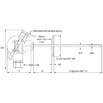 Sonde Pt100x1 alimentaire Ø6x0,4mm clamp 25mm tête mini DAN lg50mm-Lire la description