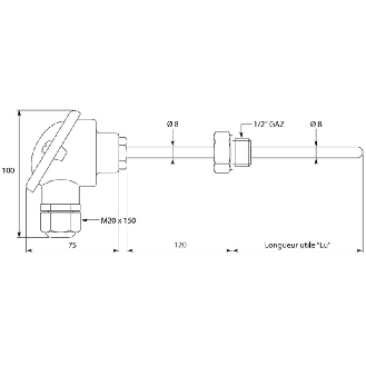 Sonde Pt100x2 à visser avec tube intermédiaire Ø8x1mm lg500mm-Lire la description