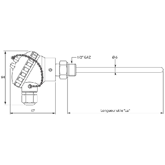 Sonde Pt100x1 Classe A 3 fils Ø6x0,4 200mm G1/2 4-20mA -50 à +150°C-Lire la description