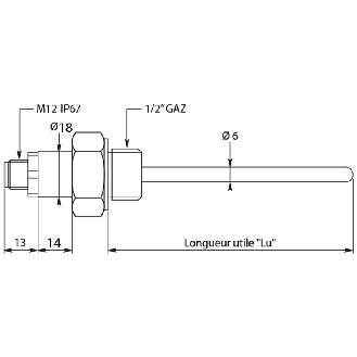 Sonde Pt100 classe 1/3 DIN, Ø6x500mm,-50/50°C, 4-20mA 2 fils, M12-Lire la description