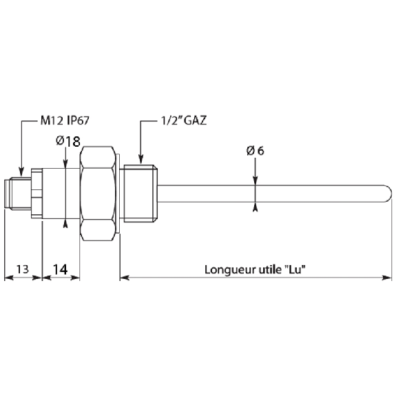 Sonde Pt100 classe 1/3 DIN, Ø6x500mm,-50/50°C, 4-20mA 2 fils, M12-Lire la description