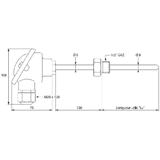 Sonde TC-Kx2 à visser lg150mm Ø8mm avec tube intermédiaire lg120mm-Lire la description