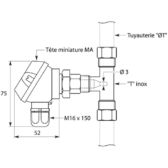 Sonde Pt100 avec raccord en T pour mesure dans tuyauterie Ø 12 mm-Lire la description