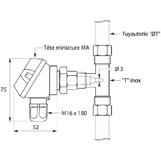 Sonde Pt100 avec raccord en T pour mesure dans tuyauterie Ø 12 mm-Lire la description
