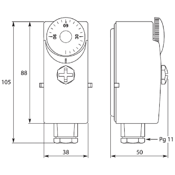 Thermostat d’applique à contact 0-90°C différentiel 5°C réarm. Auto-Lire la description