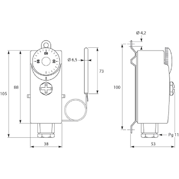 AQUASTAT déporté par capillaire lg 1m, 0 à 90 °C, réarm auto-Lire la description