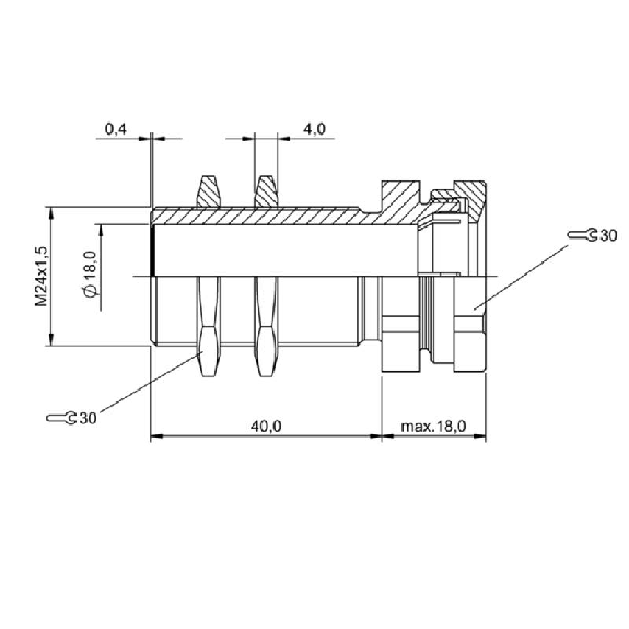 Suppport pour détecteurs Ø18 mm et M18, Ø 30 x 58 mm, Laiton-Lire la description