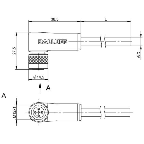 M12A Fem Coudé 5p; Câble PUR Blindé 5x0.34 Noir Cpc 10m-Lire la description