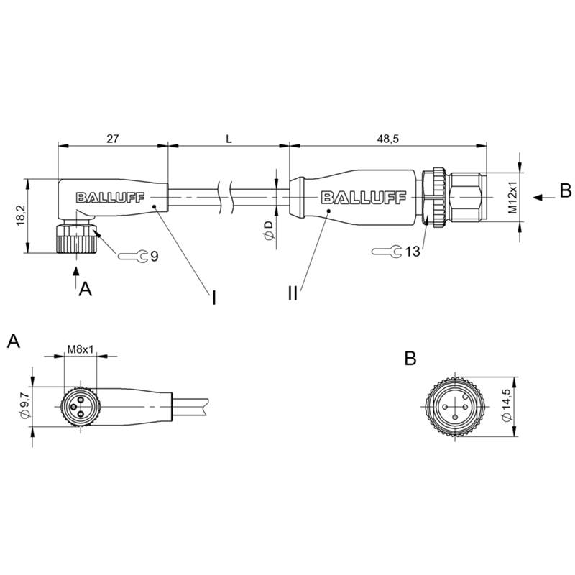 M12A Fem Coudé 3p LED/M12A Mâle Droit 3p; PUR 3x0.34 Noir Cpc 2m-Lire la description