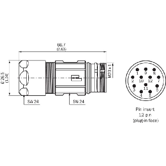 M23 Mâle Droit 12p; Bornes à souder 1,5mm², câble Ø5,5-10,5mm-Lire la description