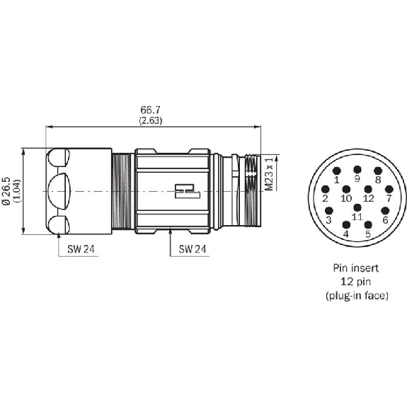 M23 Mâle Droit 12p; Bornes à souder 1,5mm², câble Ø5,5-10,5mm-Lire la description