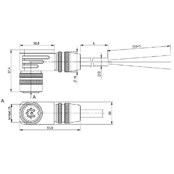 M16 Fem Coudé 8p; Câble PTFE Blindé 7x0.25 Noir Cpc 10m M16 Fem Coudé 8p; Câble PTFE Blindé 7x0.25 Noir Cpc 10m-Lire la description
