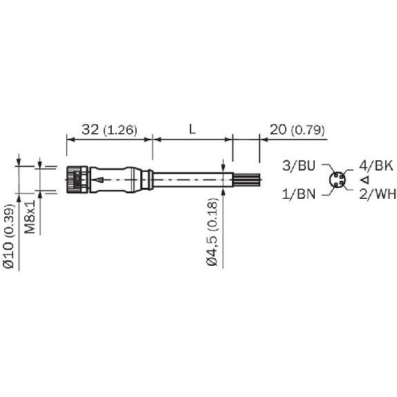 M08A Fem Droit 4p; Câble PUR 4x0.25 Noir Cpc 20m-Lire la description
