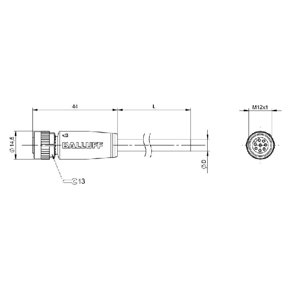 M12A Fem Droit 8p; Câble PUR 8x0.25 Noir Cpc 2m (30V)-Lire la description