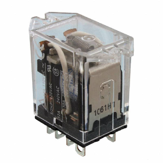 Relais DPDT 10A-110VAC, Faston, Pattes de fix., 24AC-Lire la description