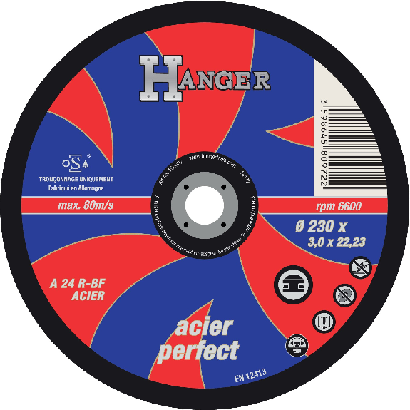 Disque à tronçonner droit pour métaux 125 x 3 mm AS 24 R - HANGER - 150006 Disque à tronçonner droit pour métaux 125 x 3 mm AS 24 R - HANGER - 150006-Lire la description