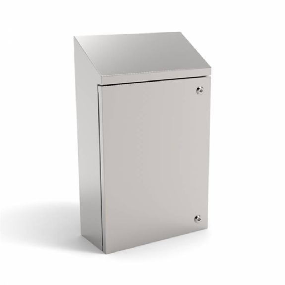 Coffret EQH 380 450 200 (LxHxP) inox AISI 304, IP66, toit incliné-Lire la description