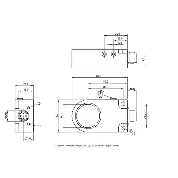 DPI Annulaire Ø=25mm PNP NO Pot. 60x35x20mm Plast. 10-30Vdc / M12 4P-Lire la description