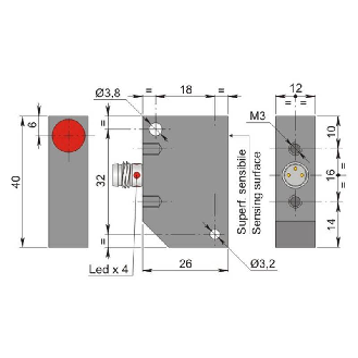 DPI Rect. PNP NO P2mm noyé 12x40x26mm Plast. 10-30Vdc / M08 3P-Lire la description
